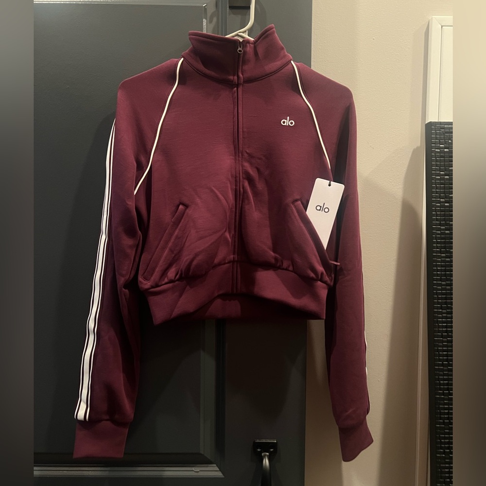 ALO Yoga BURGUNDY Track Jacket with White Accents